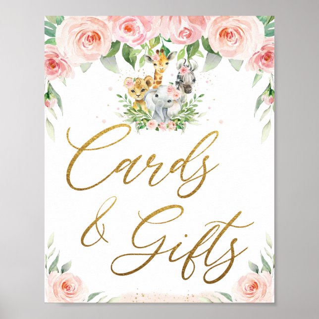 Jungle Animals Safari Rosa Blommigt Cards and Gift Poster (Framsidan)