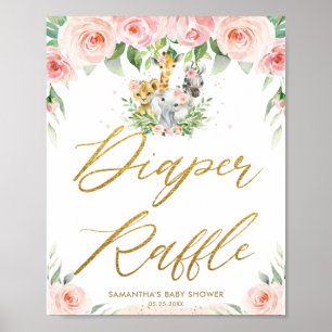 Jungle Animals Safari Rosa Blommigt Diaper Raffle Poster
