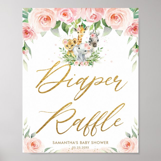 Jungle Animals Safari Rosa Blommigt Diaper Raffle Poster (Framsidan)