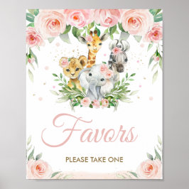 Jungle Animals Safari  Rosa Blommigt Favors Poster