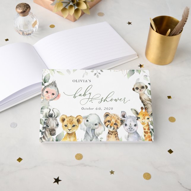 Jungle Animals, Safari, Vild 1, Baby Shower Gästböcker (Framsida öppen)