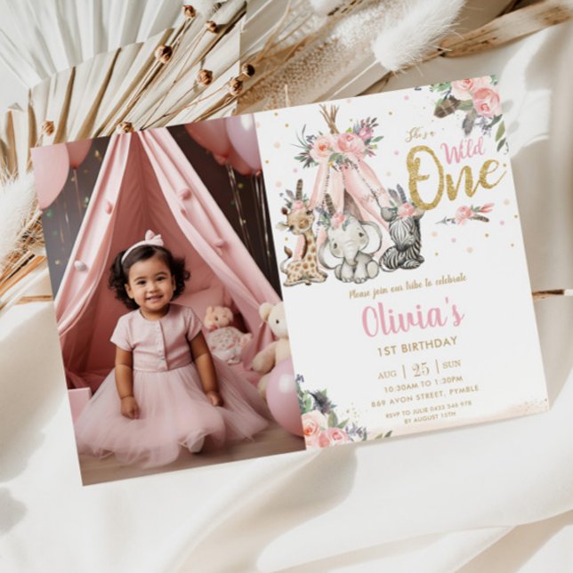 Jungle Animals Tribal Vild Ett foto på födelsedag Inbjudningar (tribal boho pink teepee jungle animals elephant giraffe she's a wild one 1st birthday picture invite)
