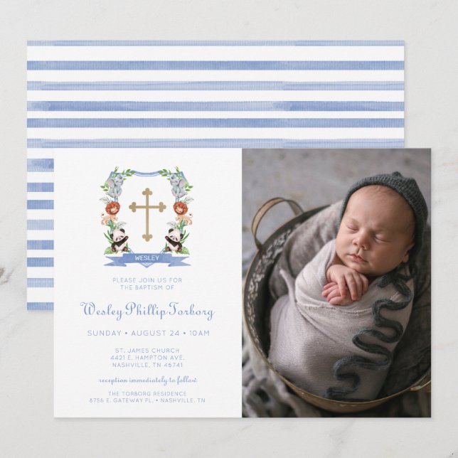 Jungle Animals Vapensköld Photo Baptism-inbjudan Inbjudningar (Fram/baksida)