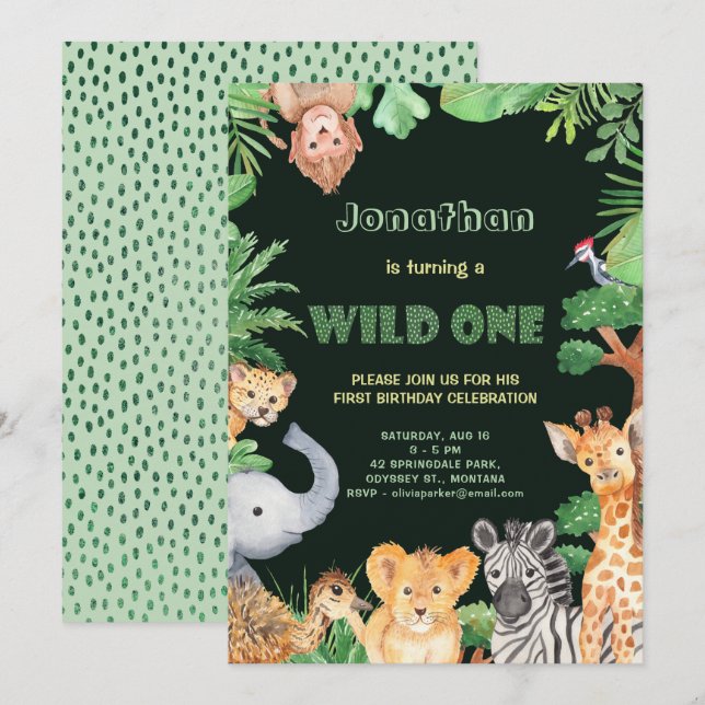 Jungle Animals Vild 1:a födelsedagsinbjudan Inbjudningar (Fram/baksida)