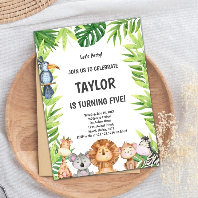 Jungle Animals Vild Party Card för barn Inbjudningar (Safari Birthday Invitations)