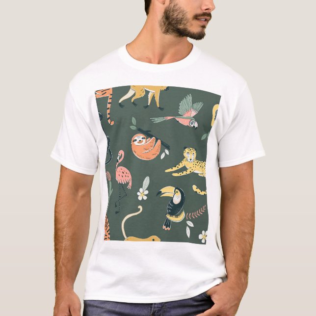 Jungle Animals Vintage Flora Fauna T Shirt (Framsida)