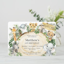 Jungle Animals Wood Greenery Vild 1:a födelsedagen Inbjudningar