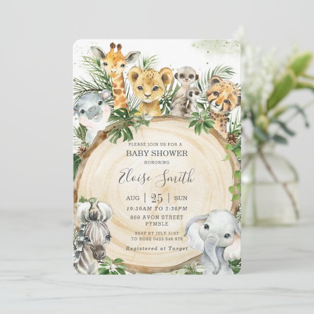 Jungle Animals Wood Slice Greenery Baby Shower Inbjudningar (Stående Fram)