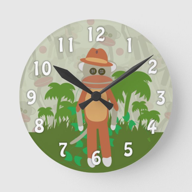 Jungle Äventyr Explorer Tecknad Sock monkey Roligt Rund Klocka (Framsida)