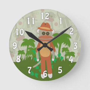 Jungle Äventyr Explorer Tecknad Sock monkey Roligt Rund Klocka
