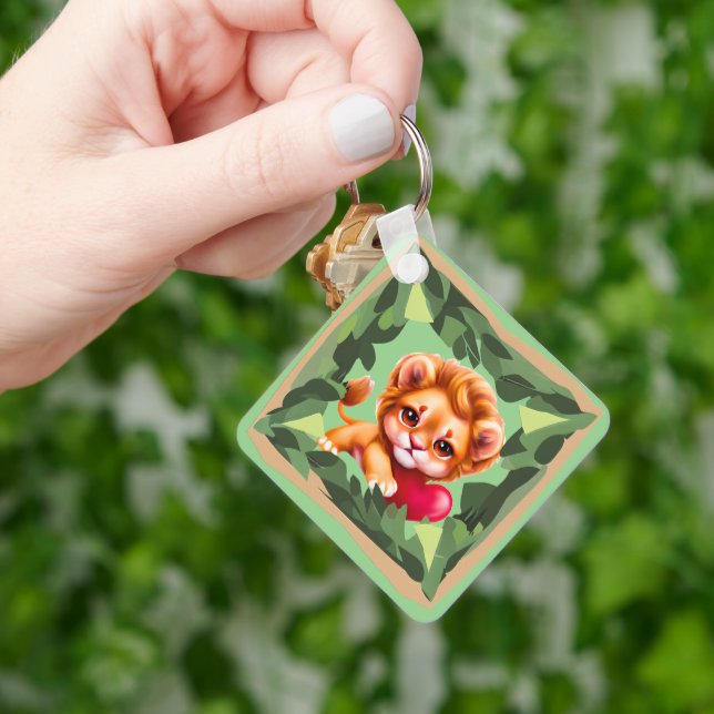 Jungle Baby Lejon med Red Heart Nyckelring (Hand)