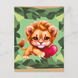 Jungle Baby Lejon med Red Heart Vykort
