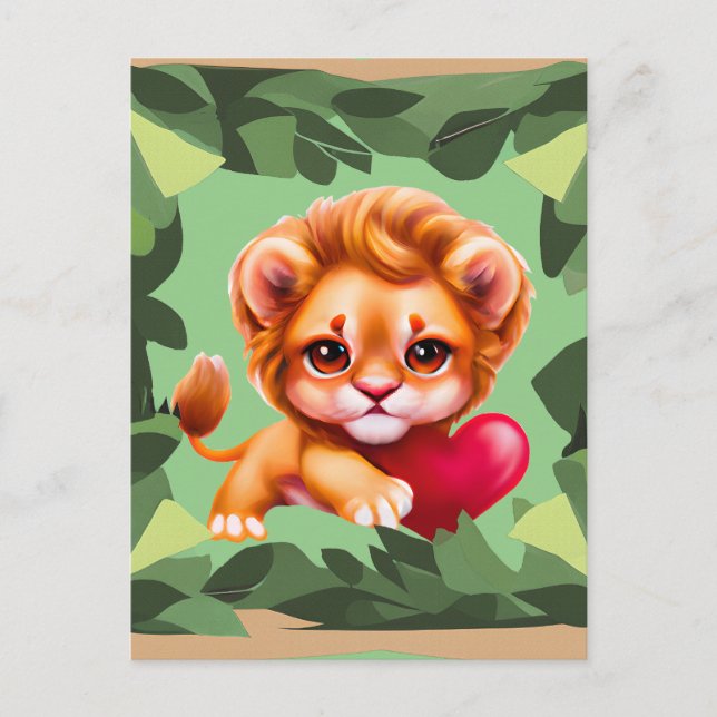 Jungle Baby Lejon med Red Heart Vykort (Framsida)