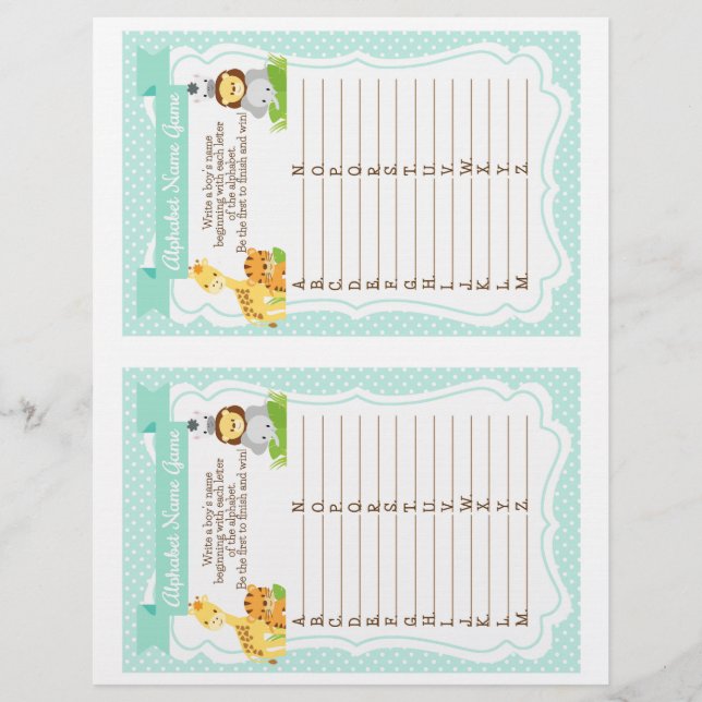 Jungle Baby Shower Alphabet pojkens Namn-spel (Framsida)