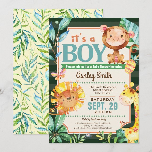 Jungle Baby Shower-inbjudan Boy Inbjudningar (Fram/baksida)