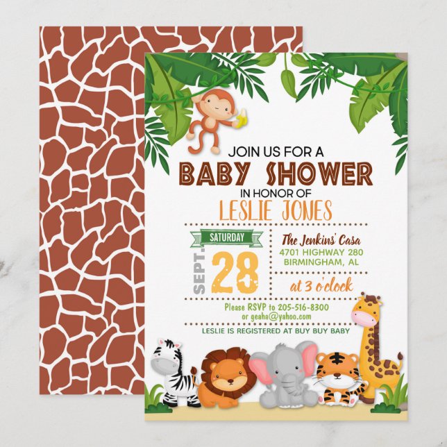 Jungle Baby Shower-inbjudan Inbjudningar (Fram/baksida)
