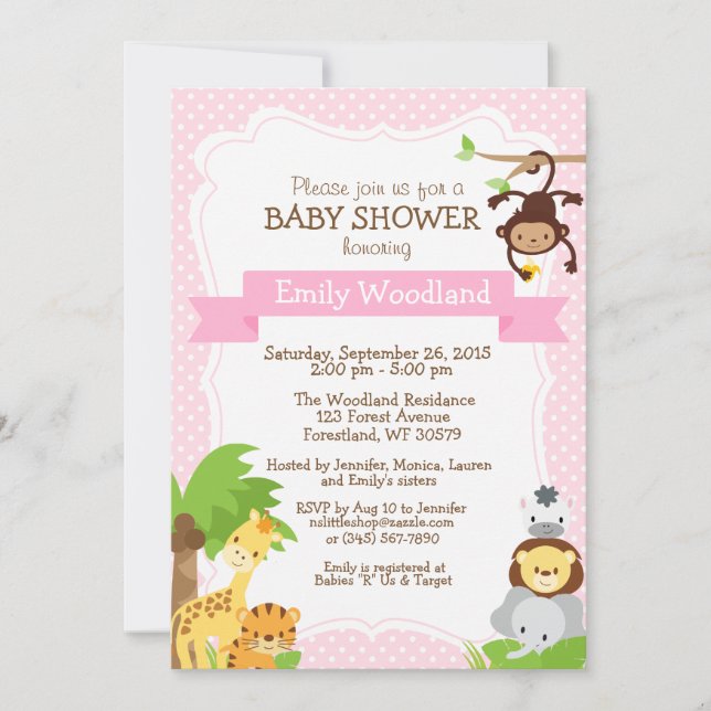 Jungle Baby Shower-inbjudan rosa Inbjudningar (Framsida)
