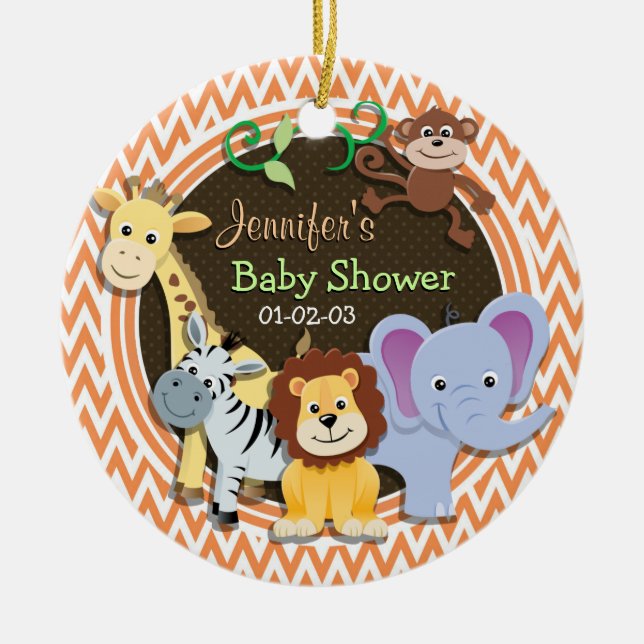 Jungle Baby Shower; Orange och vit Chevron Julgransprydnad Keramik (Framsidan)