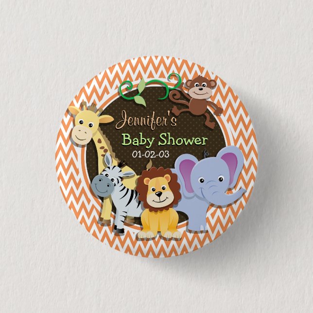 Jungle Baby Shower; Orange och vit Chevron Knapp (Framsida)