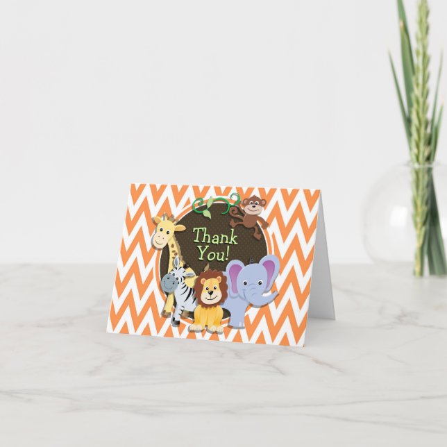 Jungle Baby Shower; Orange och vit Chevron Tack Kort (Framsida)