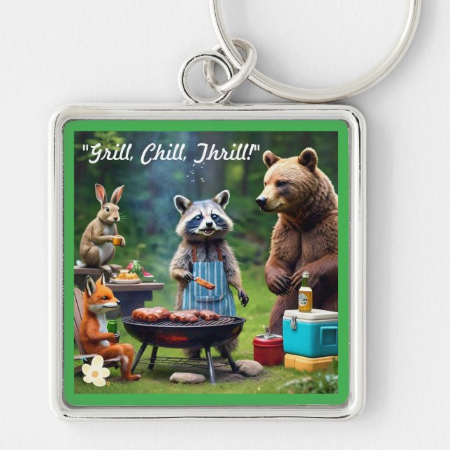 ’Jungle BBQ Sylt’ Fyrkantig Silverfärgad Nyckelring (Framsidan)