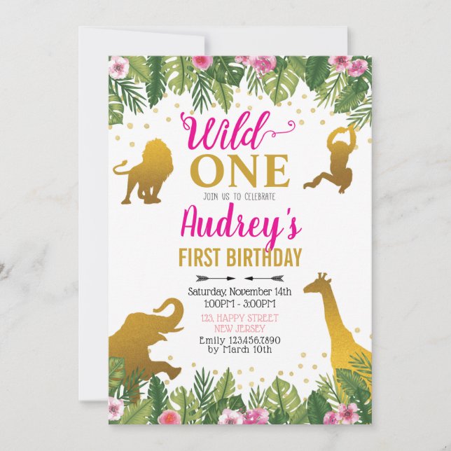 Jungle Birthday-inbjudan. Girl First Birthday Inbjudningar (Framsida)