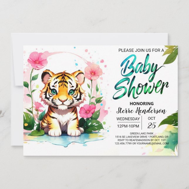 Jungle Blommars Tiger Baby Shower Inbjudningar (Framsida)