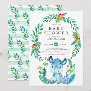 Jungle Blue Rhinoceros Boy Shower Inbjudningar
