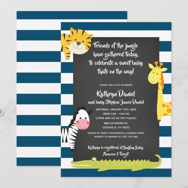 Jungle Boy Animal Chalkboard Baby Shower Inbjudningar (Fram/baksida)