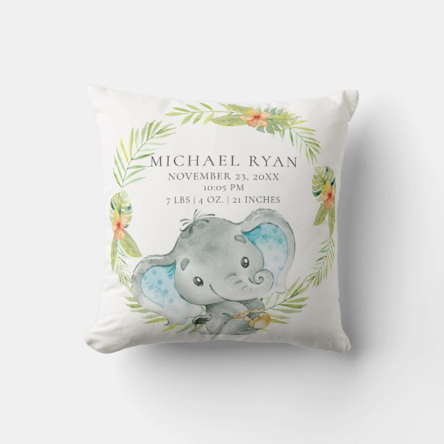 Jungle Boy Elephant Baby Birth Stats Pillow Kudde (Framsida)