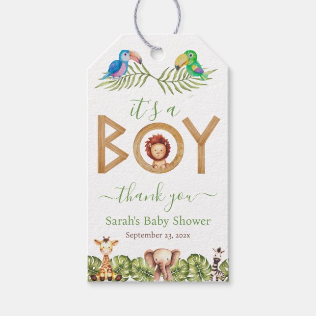 Jungle Boy Shower Safari Animals Wood Parrots Presentetikett (Framsidan)