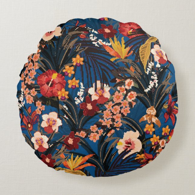 Jungle Chic: Mörk blått exotisk. Rund Kudde (Framsidan)