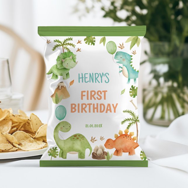 Jungle Cute Dinosaur 1st Birthday Chip Bag Wrapper Reklamblad (Skapare uppladdad)