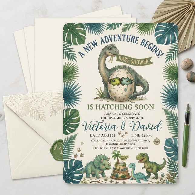 Jungle Dinosaur Kläcks Snart Baby Shower Inbjudan (Skapare uppladdad)