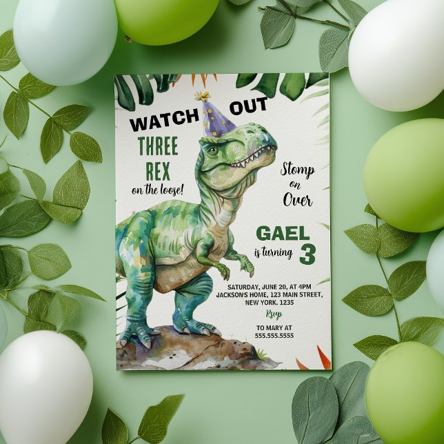 Jungle Dinosaur Three rex Birthday Inbjudningar (Skapare uppladdad)