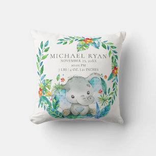 Jungle Elephant Baby Birth Stats Pillow Kudde
