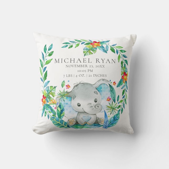 Jungle Elephant Baby Birth Stats Pillow Kudde (Framsida)