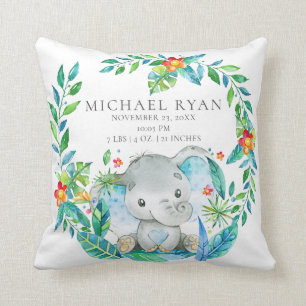 Jungle Elephant Baby Birth Stats Pillow Kudde