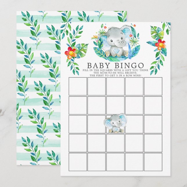 Jungle Elephant BINGO Baby Shower Game Inbjudningar (Fram/baksida)