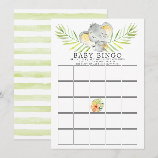 Jungle Elephant BINGO Baby Shower Game Inbjudningar (Fram/baksida)