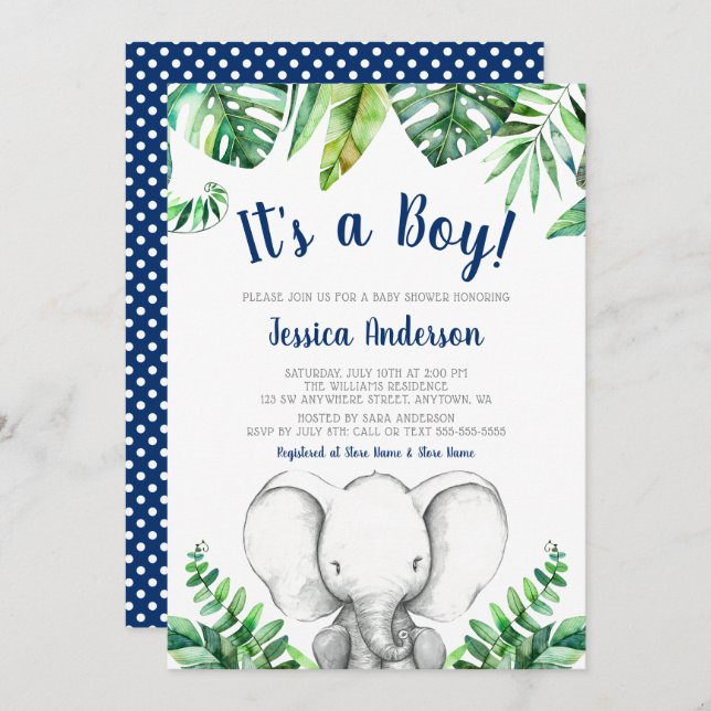 Jungle Elephant Navy Boy Baby Shower-inbjudningar Inbjudningar (Fram/baksida)