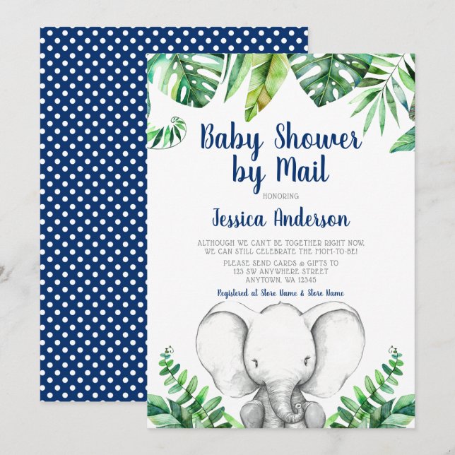 Jungle Elephant Navy Boy Shower by Mail Inbjudningar (Fram/baksida)