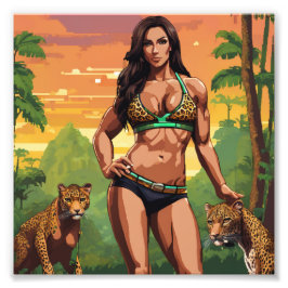 Jungle Female Muscle Babe med leoparder Fototryck