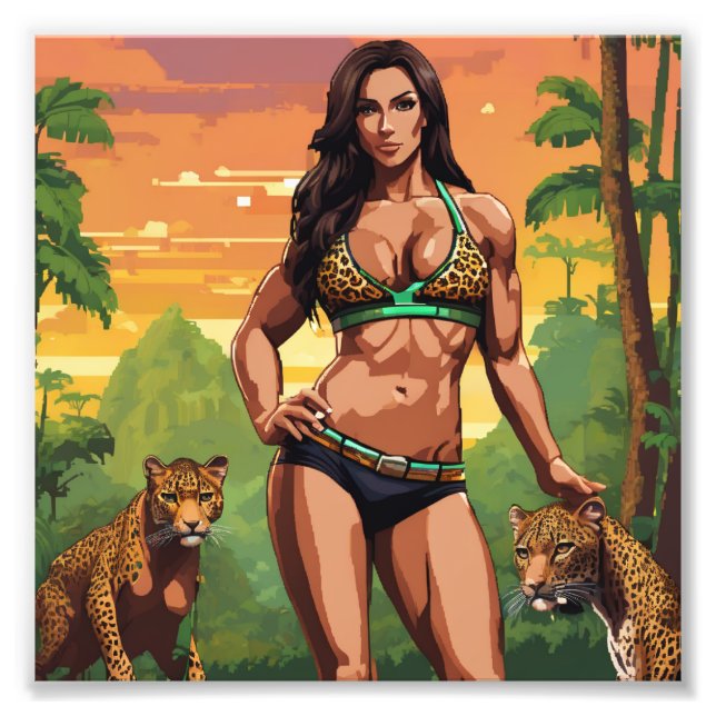 Jungle Female Muscle Babe med leoparder Fototryck (Framsidan)