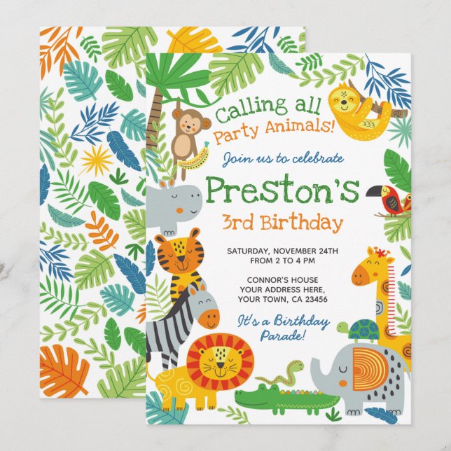Jungle födelsedag inbjudningar (Fram/baksida)
