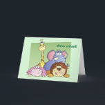 Jungle Friends Barn Birthday Card Kort<br><div class="desc">Det här söta födelsedagskortet för barn innehåller fyra tecknaders djungeldjur,  inklusive en giraff,  en elefant,  en hippo och en lejon på två tonade gröntars bakgrund. Texten på framsidan och insidan är fullt anpassade,  så du kan ändra den till att säga vad du vill.</div>