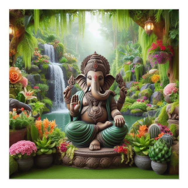 Jungle Ganesha Serene Waterfall Divine Art Fototryck (Framsidan)