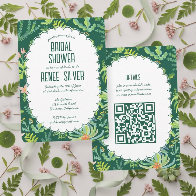 Jungle Garden Watercolor Custom QR  BRIDAL SHOWER Inbjudningar (Jungle Garden Watercolor Hand-painted Custom QR BRIDAL SHOWER Invitation
)