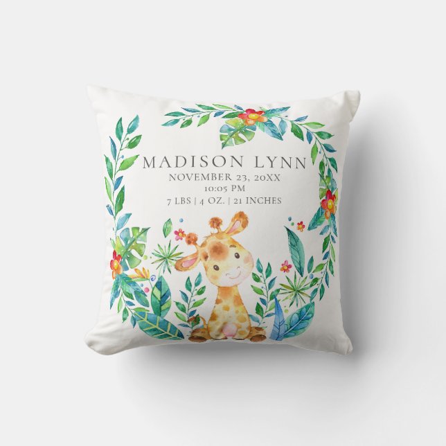 Jungle Giraffe Baby Birth Stats Pillow Kudde (Framsida)