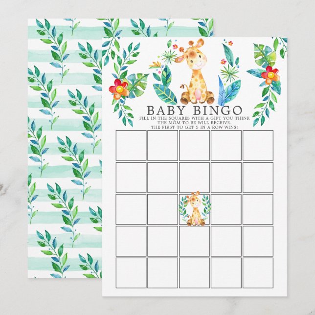 Jungle Giraffe BINGO Baby Shower Game Inbjudningar (Fram/baksida)